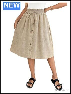 Women's A-Line Midi Skirt Button Front Elastic Waist Pockets Casual Work